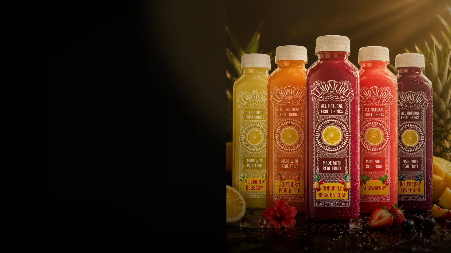 Five Lemonicious fruit drink bottles with fresh fruit on a dark luxury background